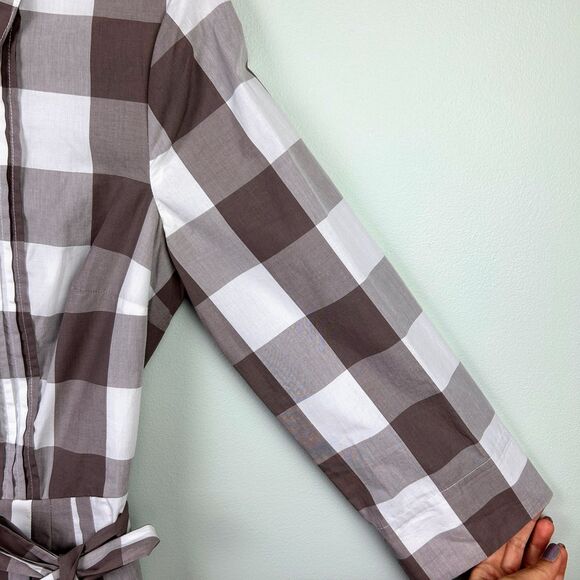 Boden Plaid Brown & White Checked Shirt Dress Button Down Long Sleeve Belted 4 - Picture 4 of 15